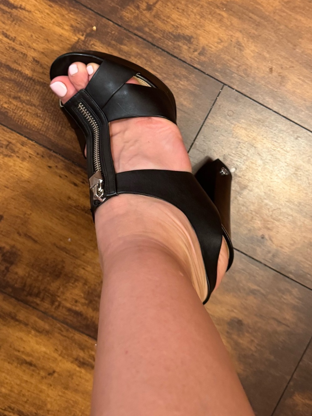 MICHAEL Michael Kors Black Leather T‑Strap Slingback Heels with Front Zipper